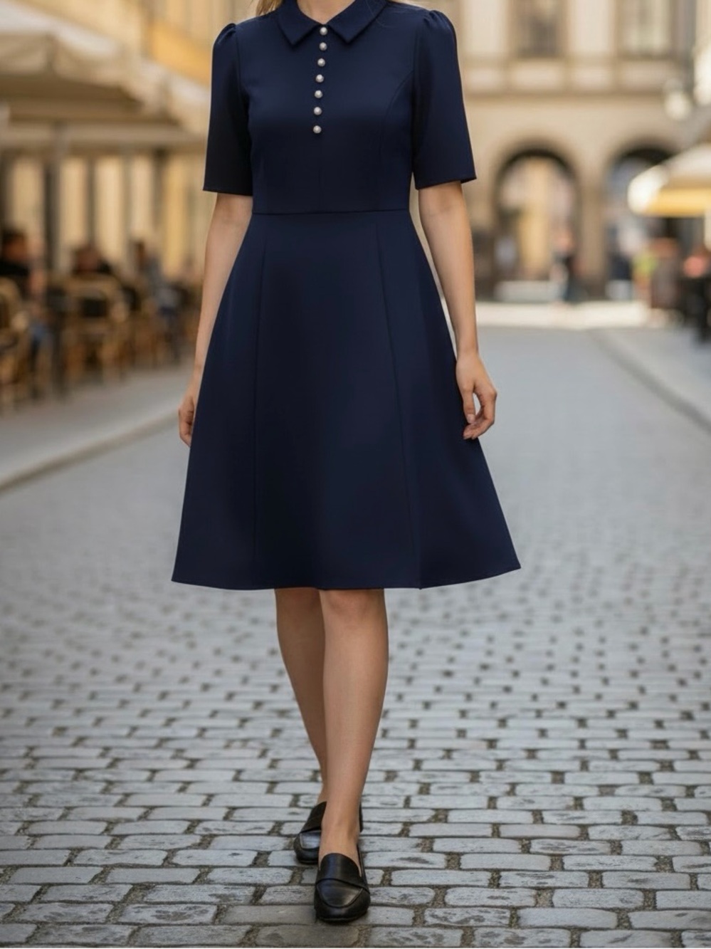 Classic Navy Blue A-Line Dress with Pearl Buttons